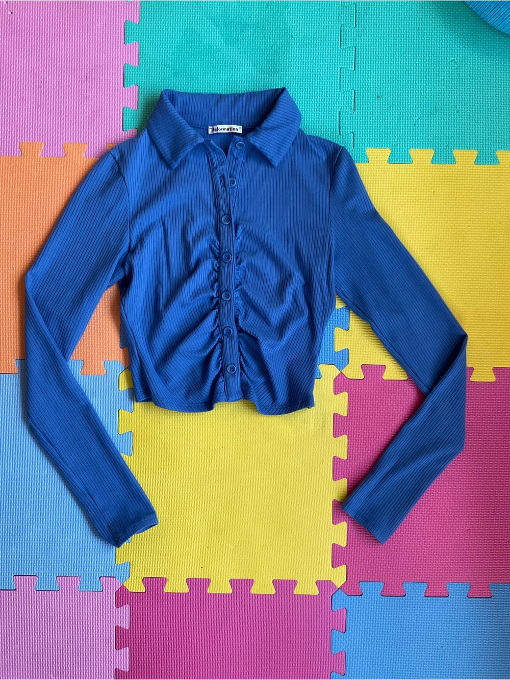 Reformation Blue Ribbed Knit Collared Button-Up Cropped Long Sleeve Top XS